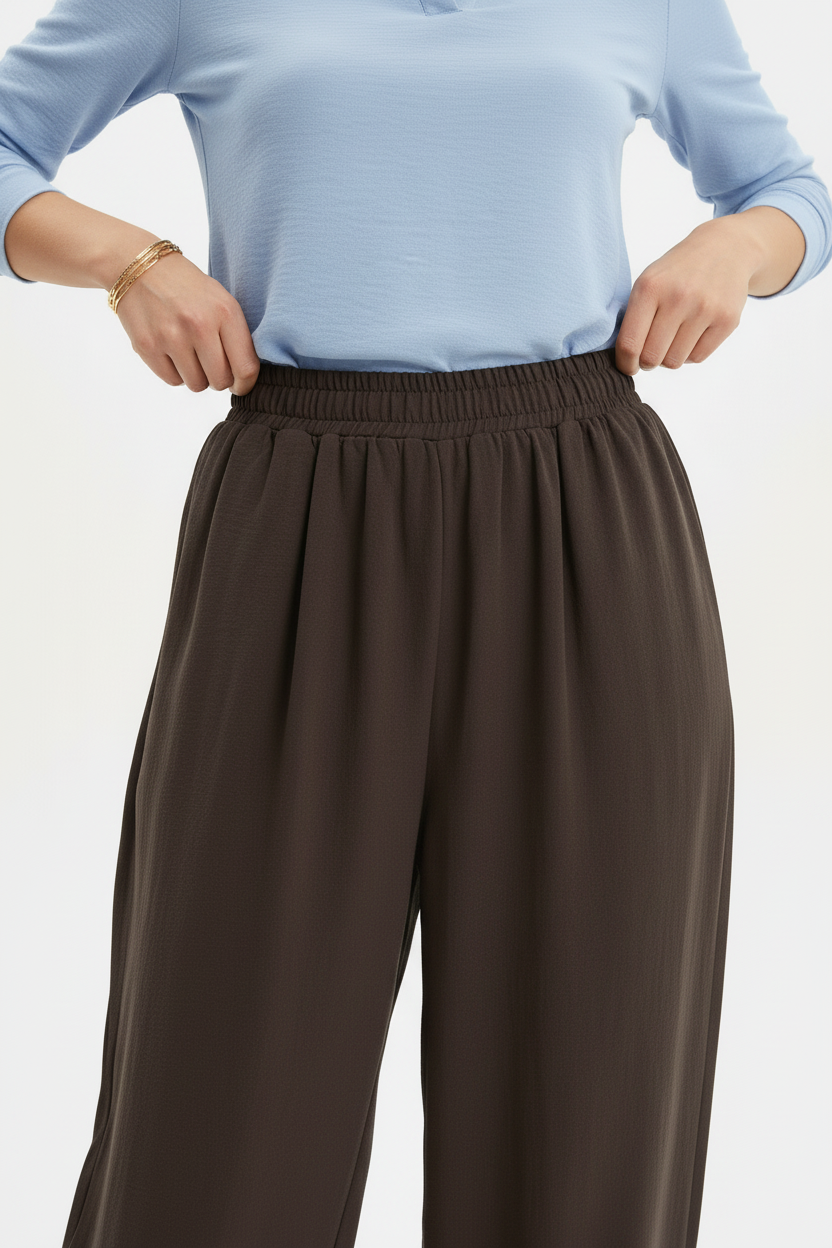 Kadın Bel Lastik Paça Pileli Pantolon Kahverengi - bel detayı