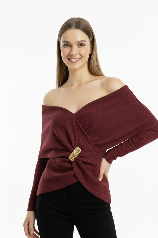 Glamour Kadın Şal Yaka Aksesuar Detay Bluz Bordo