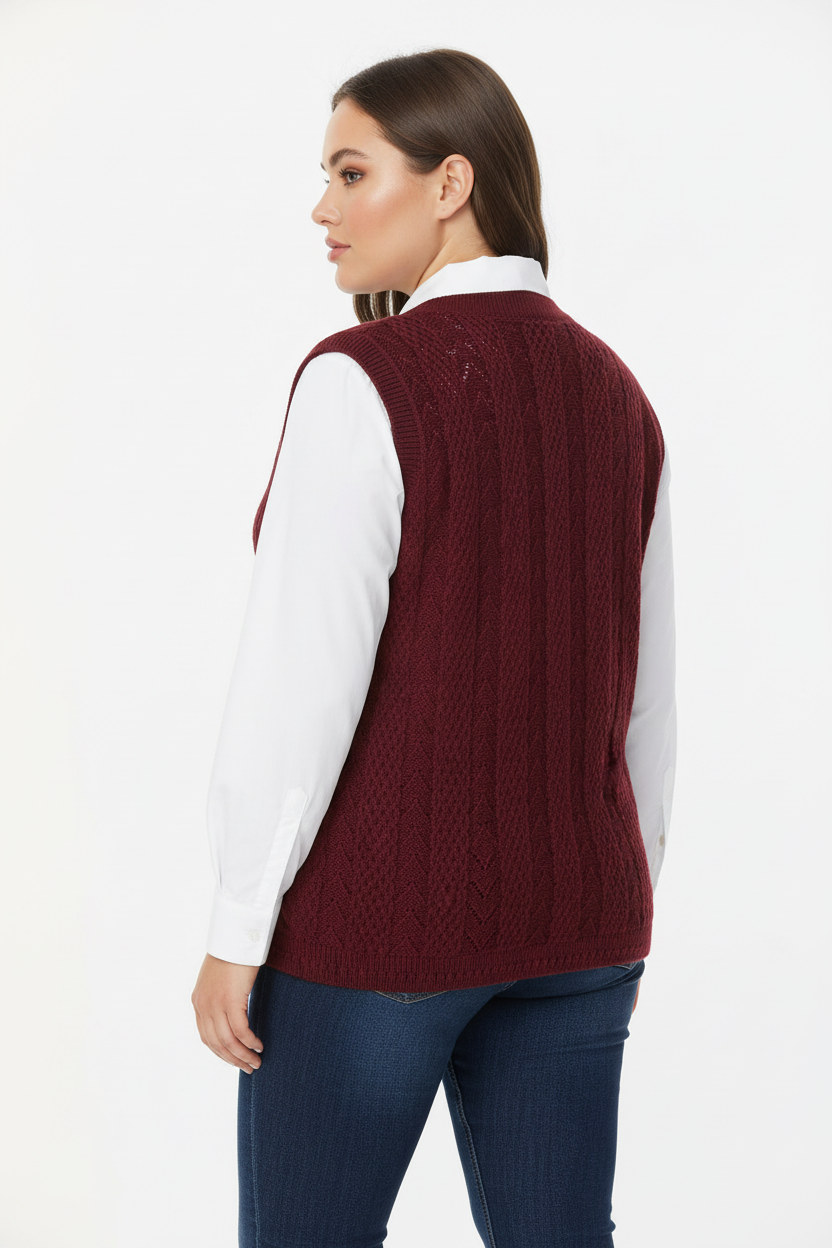 Büyük Beden Örgü Yelek Bordo - Çapraz Arka Görünüm