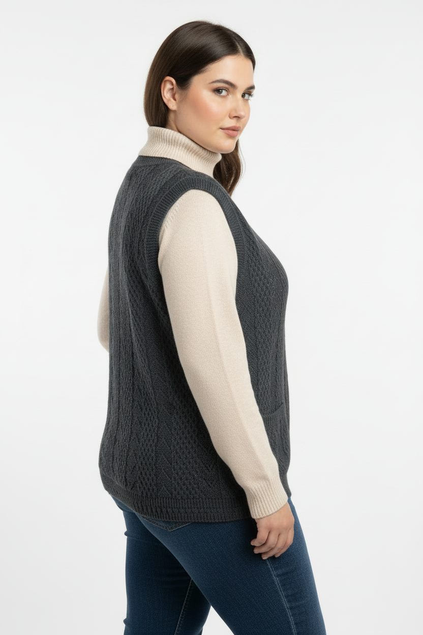 Büyük Beden Örgü Yelek Füme - Çapraz Arka Görünüm