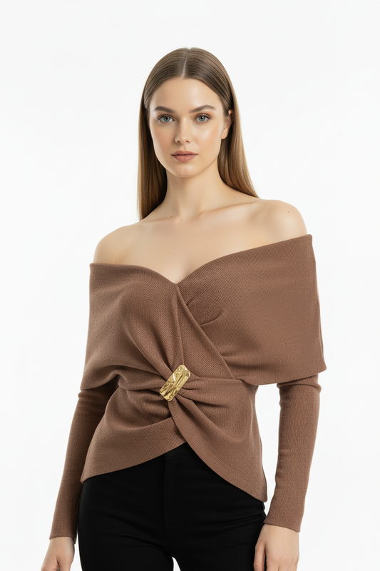 Glamour Kadın Şal Yaka Aksesuar Detay Bluz Kahverengi