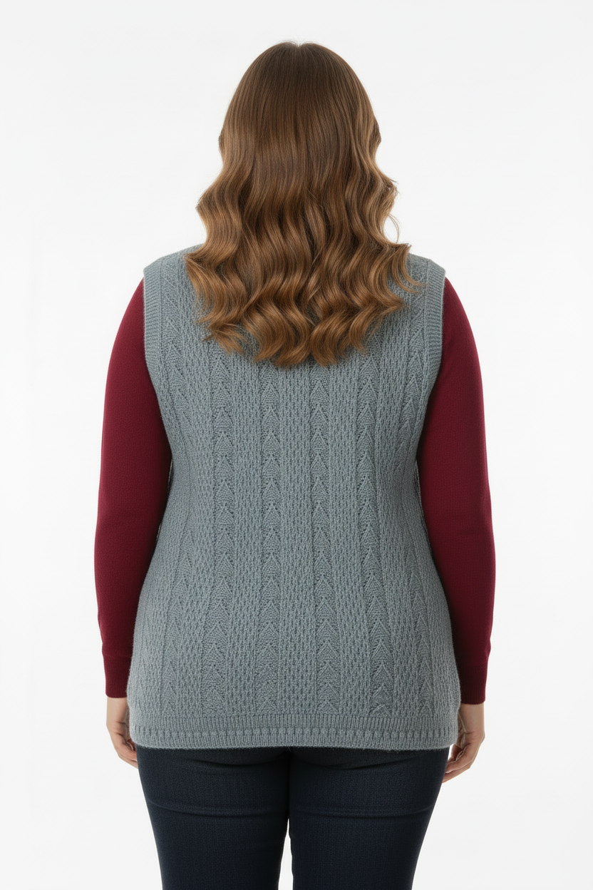 Büyük Beden Örgü Yelek Gri - Arka Görünüm