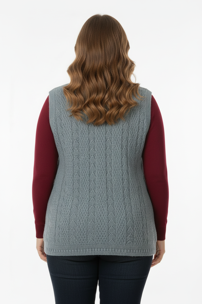 Büyük Beden Örgü Yelek Gri - Arka Görünüm