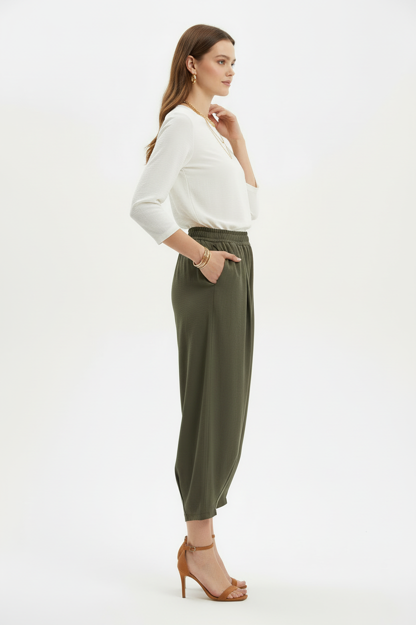 Kadın Bel Lastik Paça Pileli Pantolon Haki - yan açı