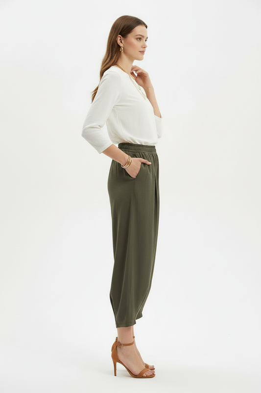 Kadın Bel Lastik Paça Pileli Pantolon Haki - yan açı