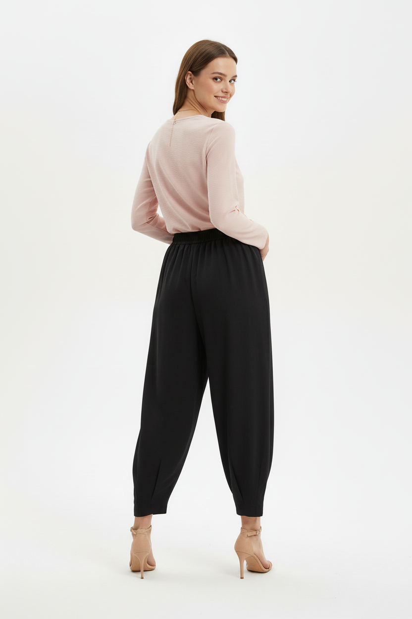 Kadın Bel Lastik Paça Pileli Pantolon Siyah - arka görünüm