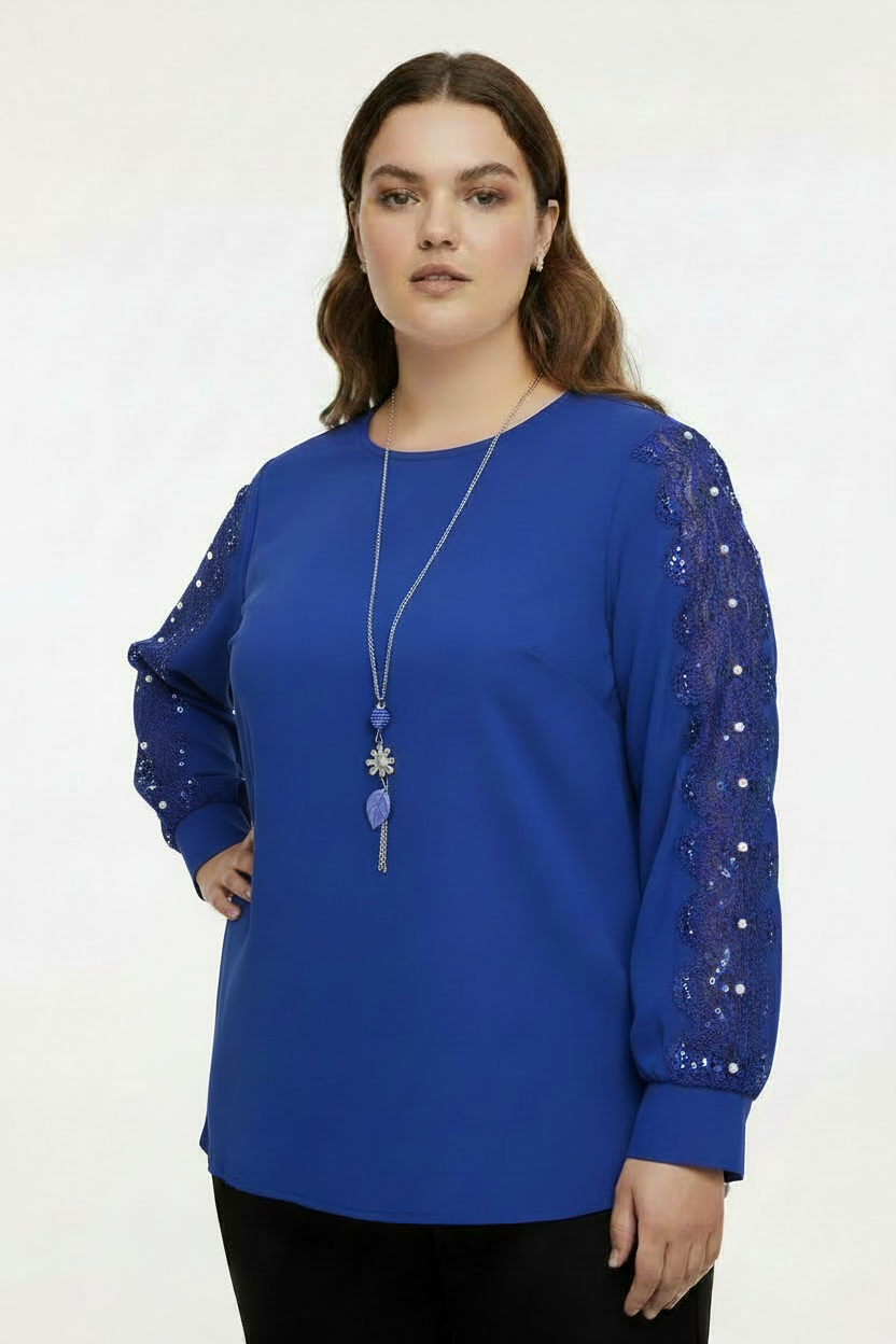 Saks Mavi Dantel Bluz - Ön Açı