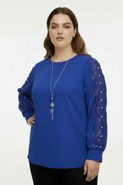 Saks Mavi Dantel Bluz - Ön Açı