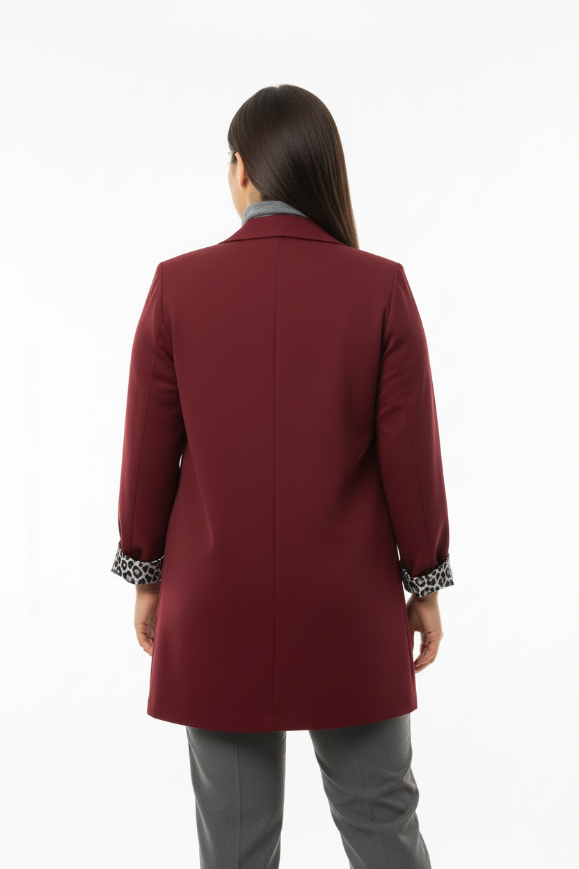 Leopard Blazer Ceket Bordo