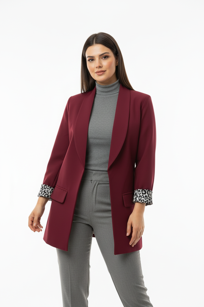 Leopard Blazer Ceket Bordo