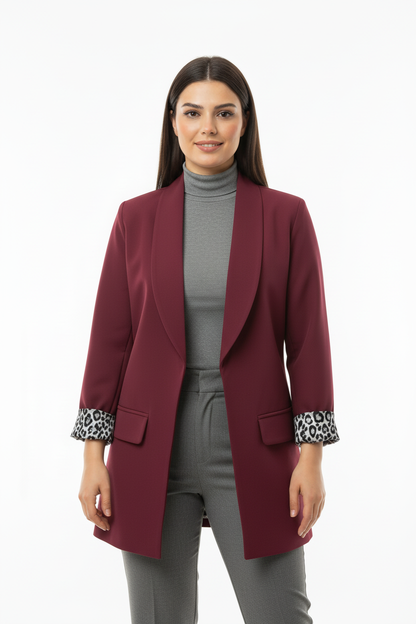 Leopard Blazer Ceket Bordo