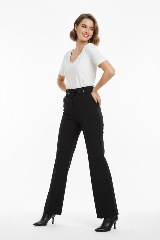 Elegance Kadın Kemerli İspanyol Paça Pantolon Siyah
