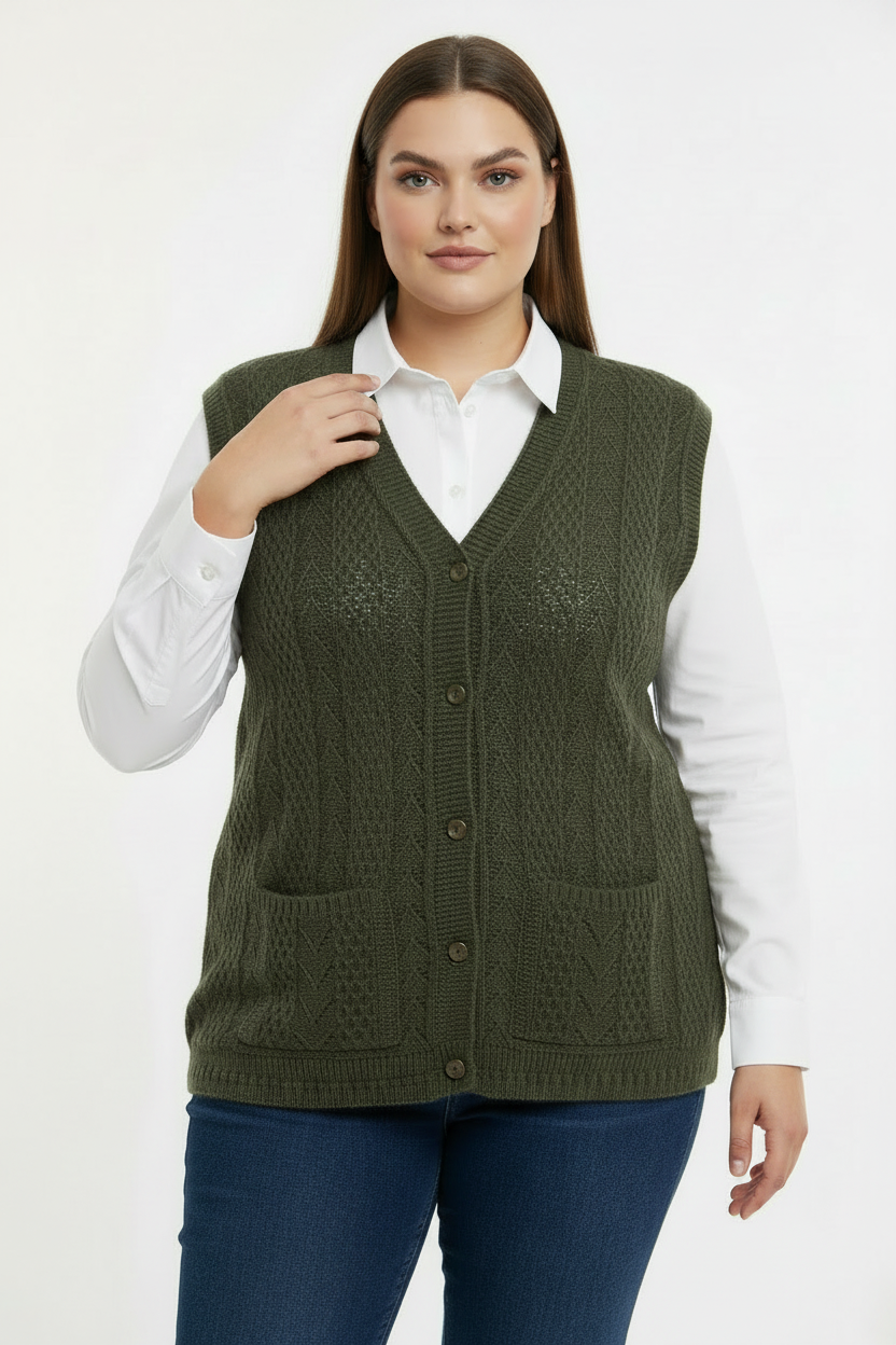 Büyük Beden Örgü Yelek Haki - Yelek Düzeltme Pozu