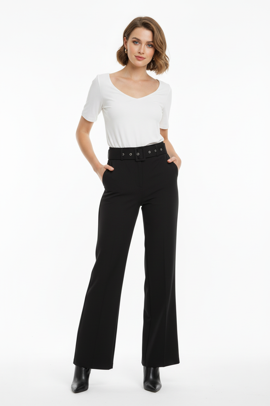 Elegance Kadın Kemerli İspanyol Paça Pantolon Siyah