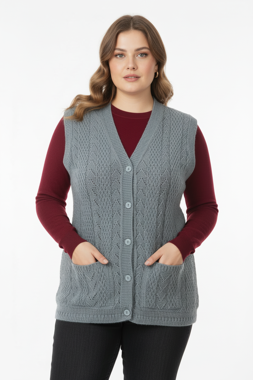 Büyük Beden Örgü Yelek Gri - Ön Görünüm