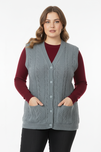 Büyük Beden Örgü Yelek Gri - Ön Görünüm