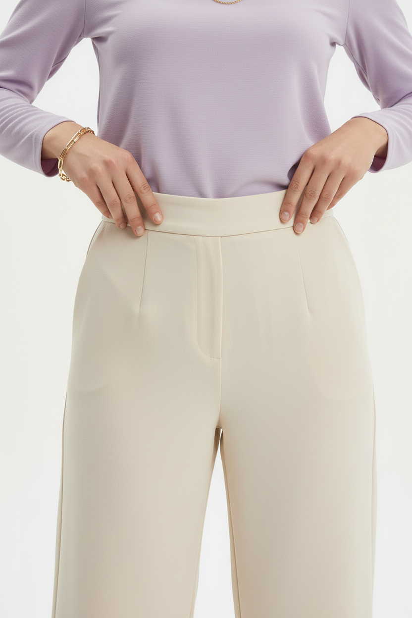 Kadın Yüksel Bel Bol Paça Pantolon Krem - bel detayı