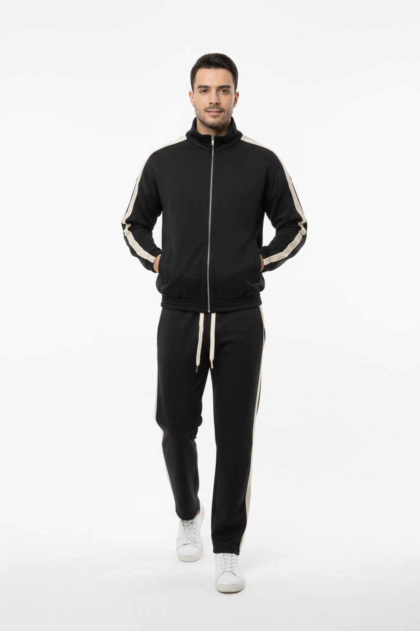 Erkek Yanları Şeritli Eşofman Siyah - Dinamik Poz