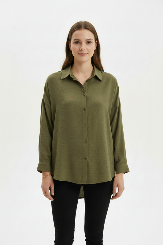 Kadın Düğmeli Oversize Gömlek Haki - yan açı