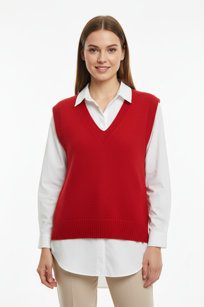 Kırmızı V Yaka Triko Süveter Önden Görünüm