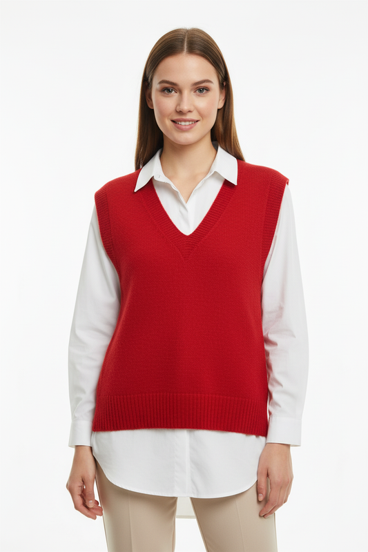 Kırmızı V Yaka Triko Süveter Önden Görünüm