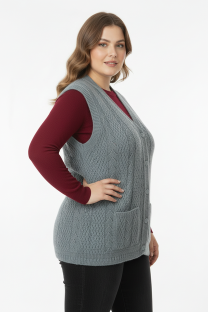 Büyük Beden Örgü Yelek Gri - Yan Açı