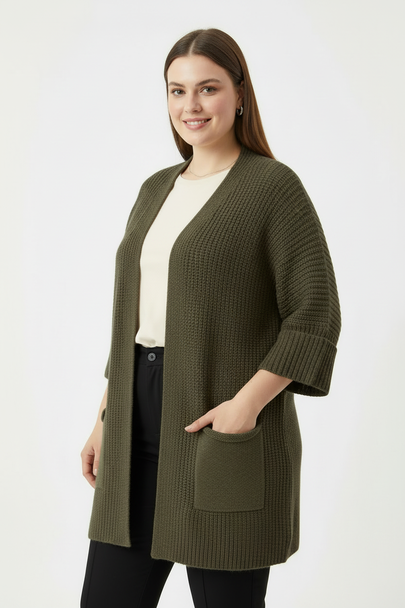 Büyük Beden Cepli Hırka Haki - yan açı