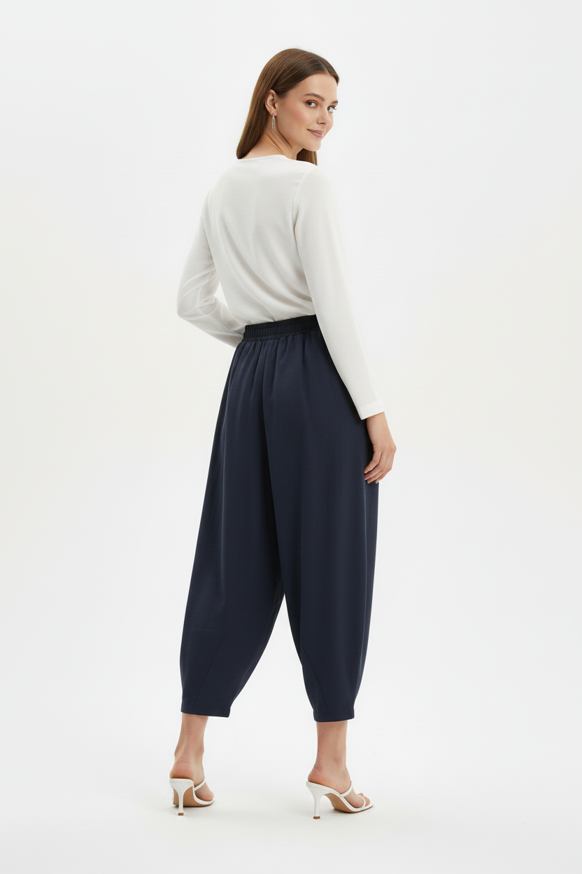 Kadın Bel Lastik Paça Pileli Pantolon Füme - arka görünüm