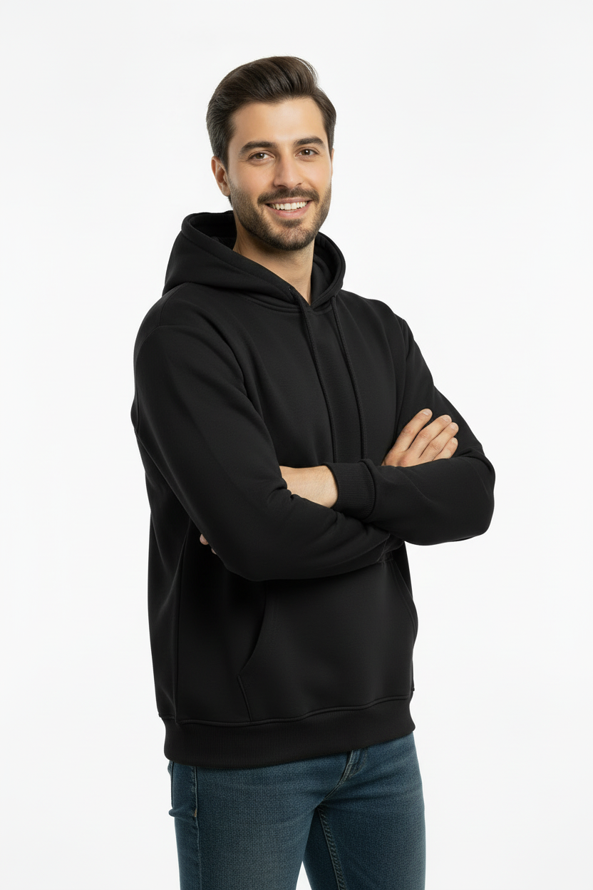 Erkek Kapşonlu İçi Polarlı Sweat Siyah