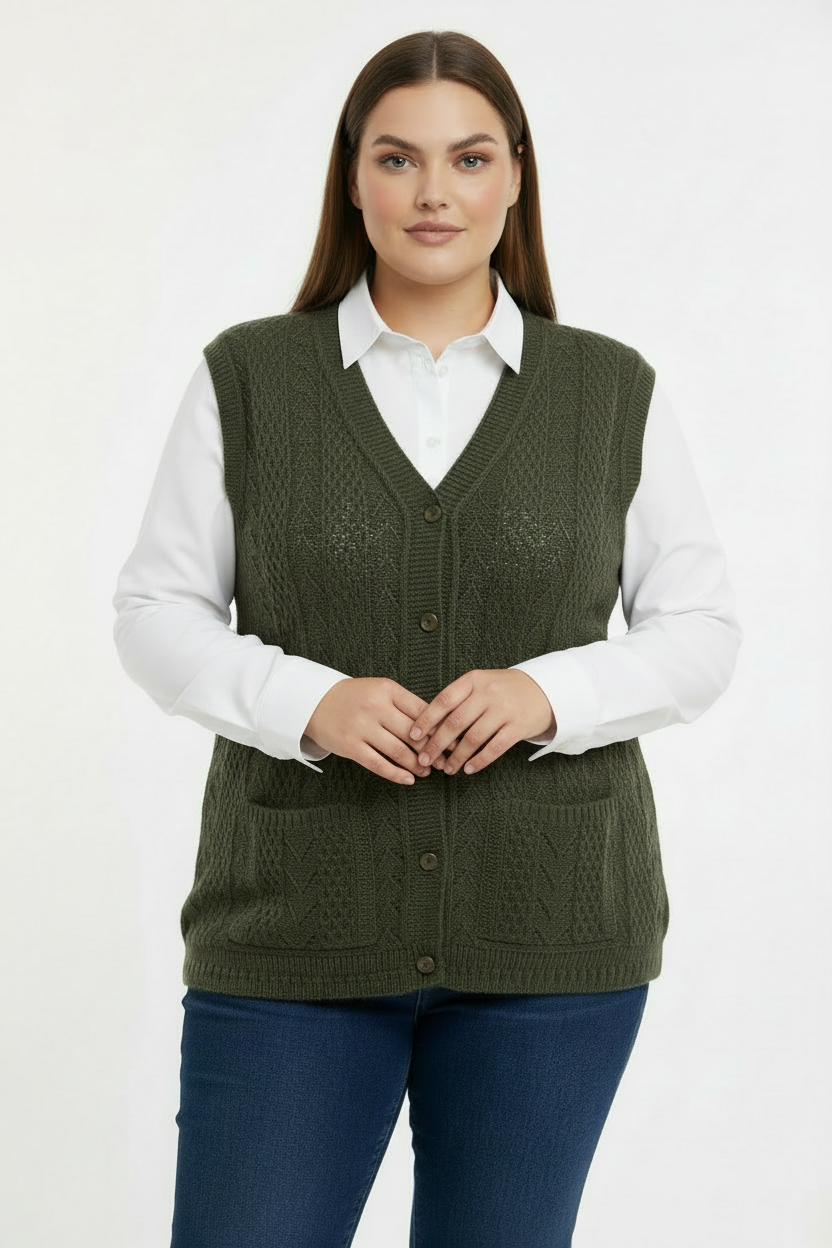Büyük Beden Örgü Yelek Haki - Ön Görünüm Eller Önde
