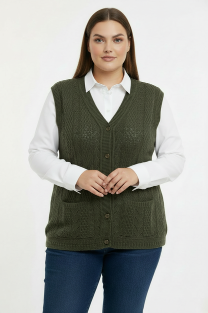 Büyük Beden Örgü Yelek Haki - Ön Görünüm Eller Önde