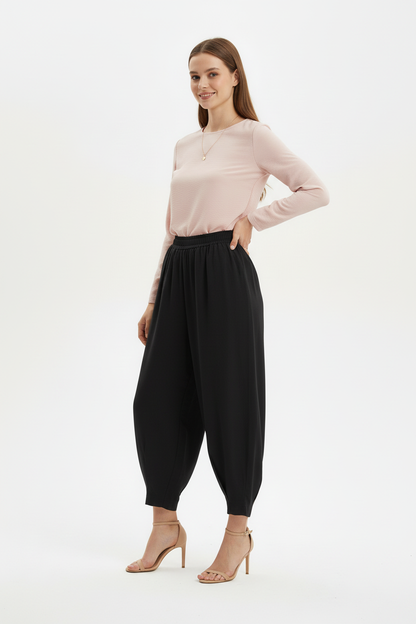 Kadın Bel Lastik Paça Pileli Pantolon Siyah - yan açı