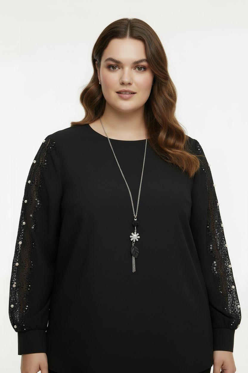 Siyah Dantel Bluz - Ön Açı