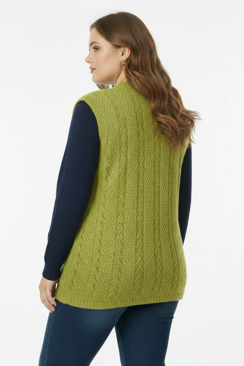 Büyük Beden Örgü Yelek Yağ Yeşili - Çapraz Arka Görünüm