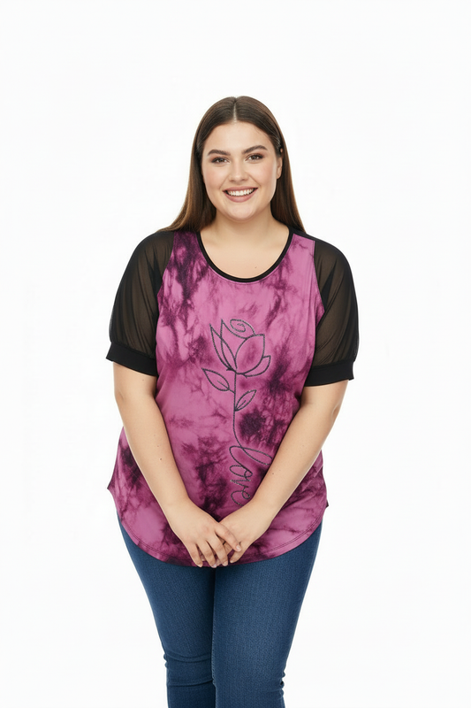 Büyük Beden Desenli Tül Kol Tunik Pembe - eller önde