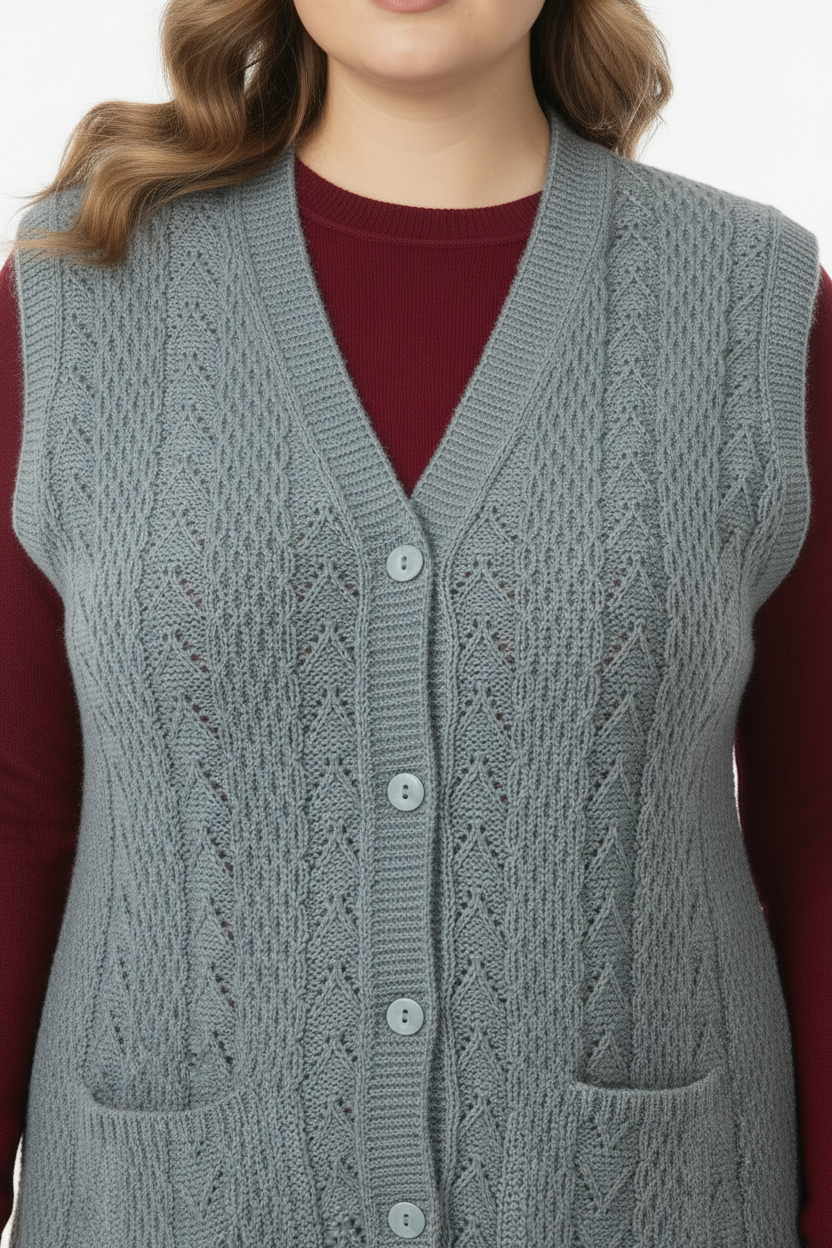 Büyük Beden Örgü Yelek Gri - Detay Çekim