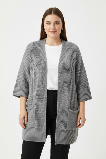 Büyük Beden Cepli Hırka Gri - ön görünüm