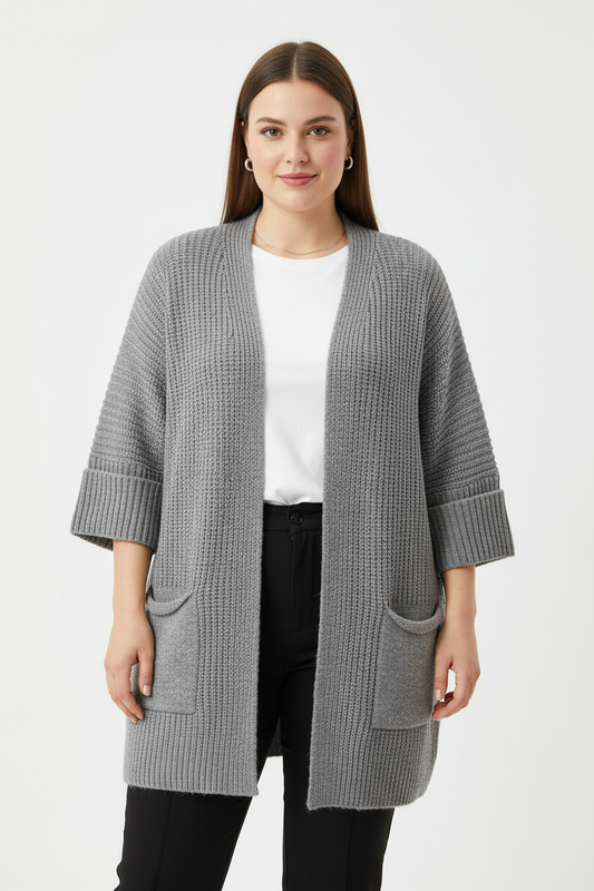 Büyük Beden Cepli Hırka Gri - ön görünüm