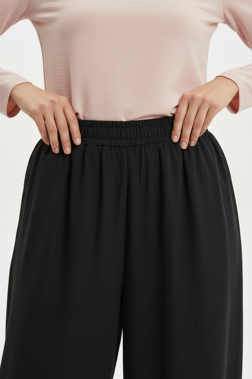 Kadın Bel Lastik Paça Pileli Pantolon Siyah - bel detayı