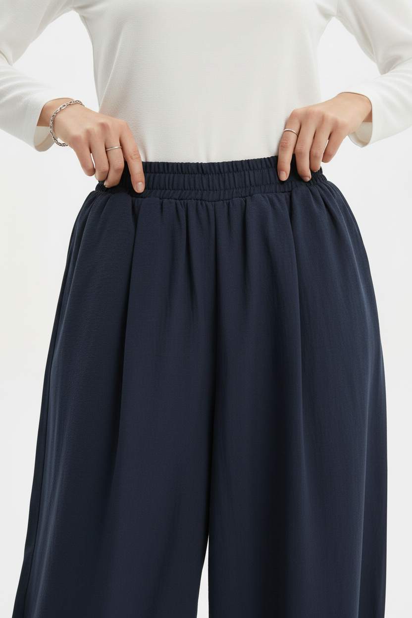 Kadın Bel Lastik Paça Pileli Pantolon Füme - bel detayı