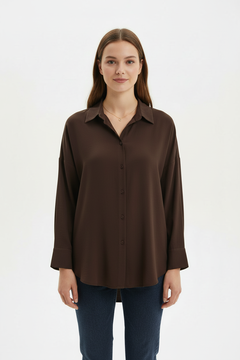 Kadın Düğmeli Oversize Gömlek Kahverengi - ön görünüm