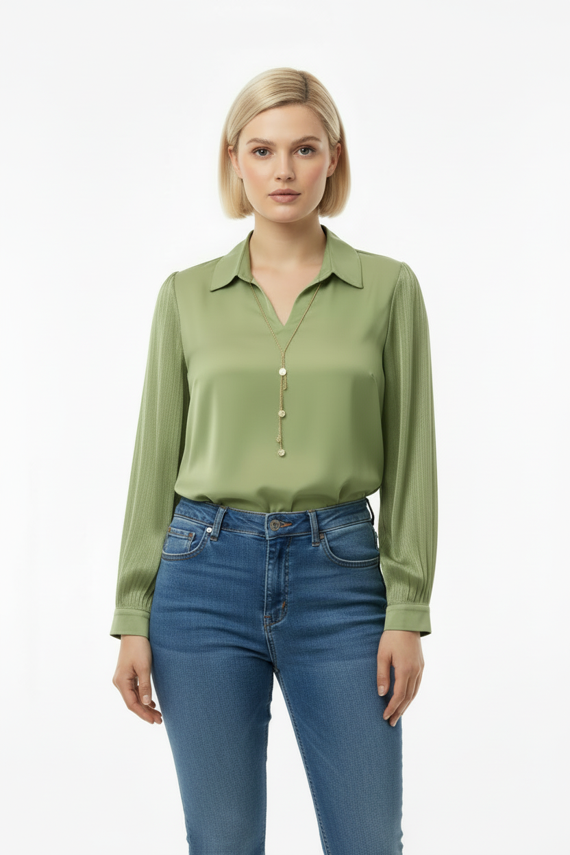 Vivid Kadın Önü V Yakalı Bluz Yeşil - Ön Görünüm 1
