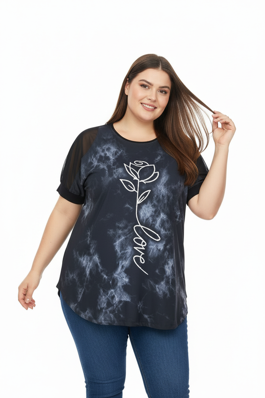 Büyük Beden Desenli Tül Kol Tunik Siyah - saça dokunma