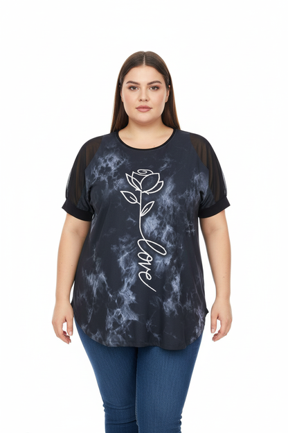 Büyük Beden Desenli Tül Kol Tunik Siyah - ön görünüm