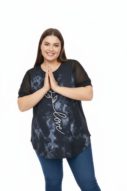 Büyük Beden Desenli Tül Kol Tunik Siyah - eller önde