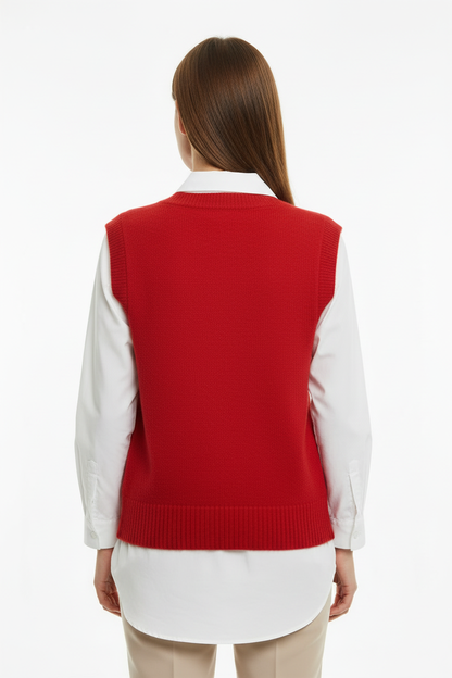 Kırmızı V Yaka Triko Süveter Arka Görünüm