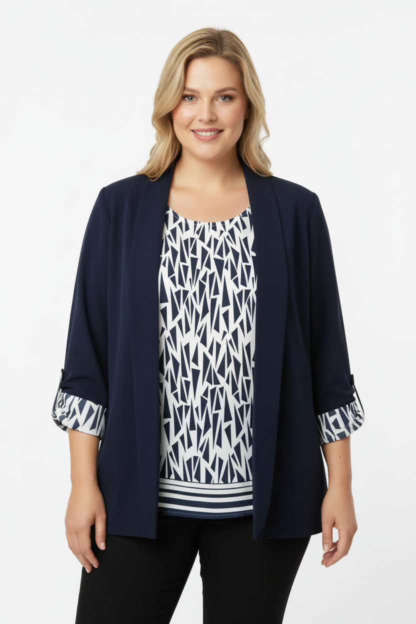 Büyük Beden Lacivert Ceket Bluz Takım Önden Görünüm