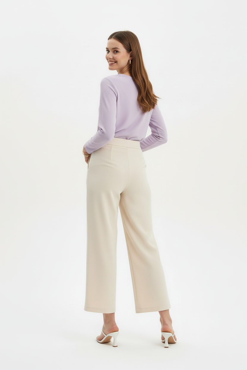 Kadın Yüksel Bel Bol Paça Pantolon Krem - arka görünüm