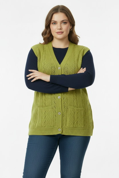 Büyük Beden Örgü Yelek Yağ Yeşili - Ön Görünüm Kollar Çapraz