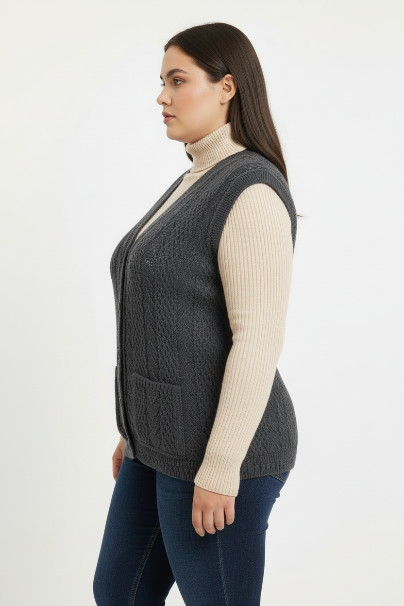 Büyük Beden Örgü Yelek Füme - Yan Profil